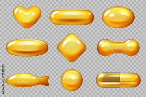 Realistic gold capsule. Dropping yellow capsule for hair natural products vitamin e omega vector 3d illustrations. Oil liquid essential, realistic essence golden capsule