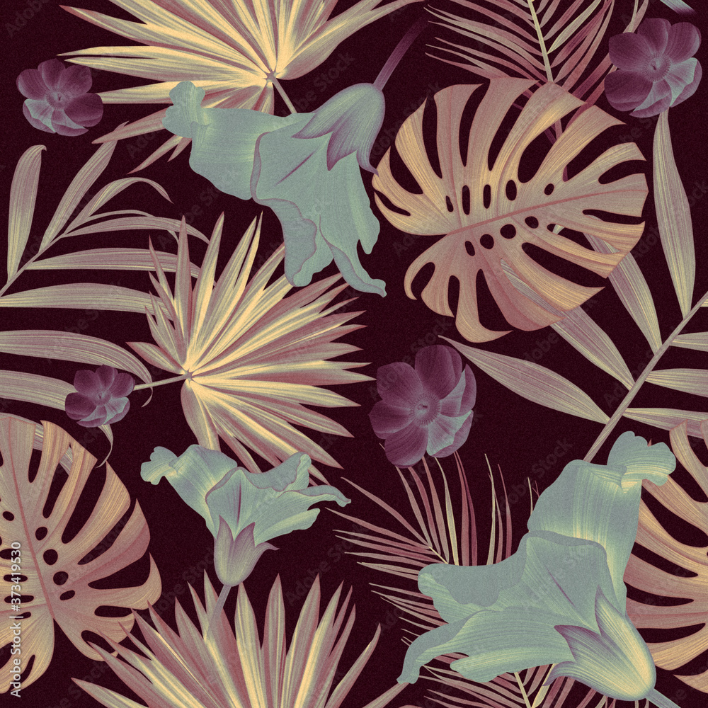 Fototapeta Seamless pattern with Tropical flowers and leaves design. Stylish trendy fashion floral pattern