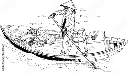 A female farmer on a boat in the South China Sea. Sketch. Vector illustration
