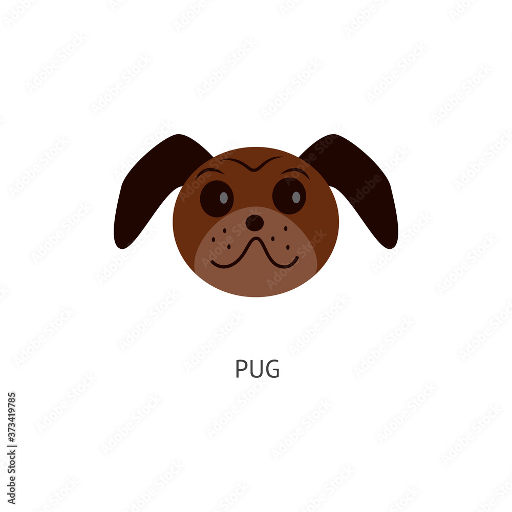 Brown pug head isolated on white background - flat cartoon drawing