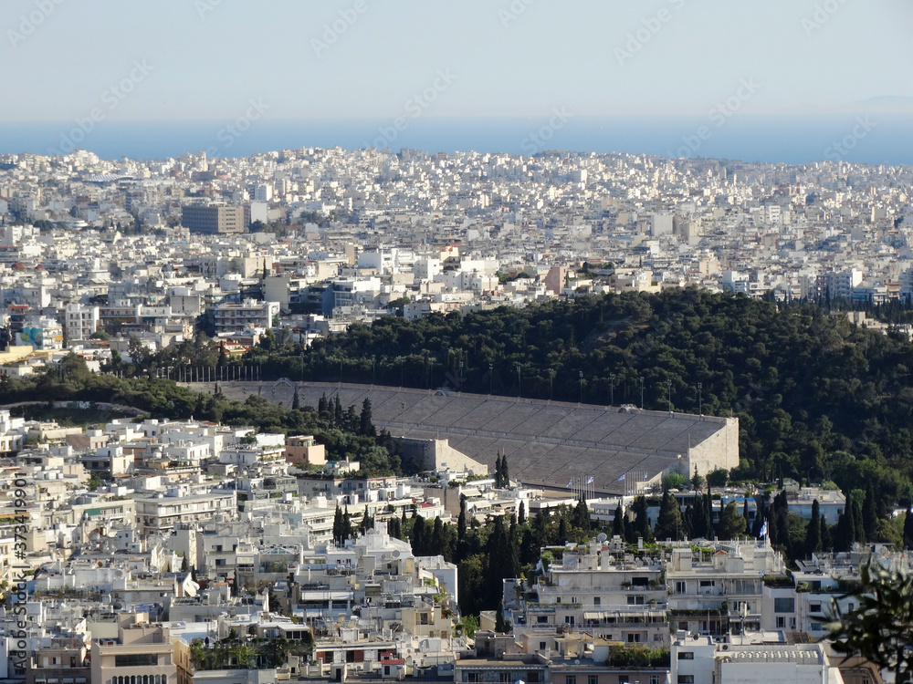 Aerial view of Athens city central from a mountain. Athens in Greece is known as a white city from its building of color.