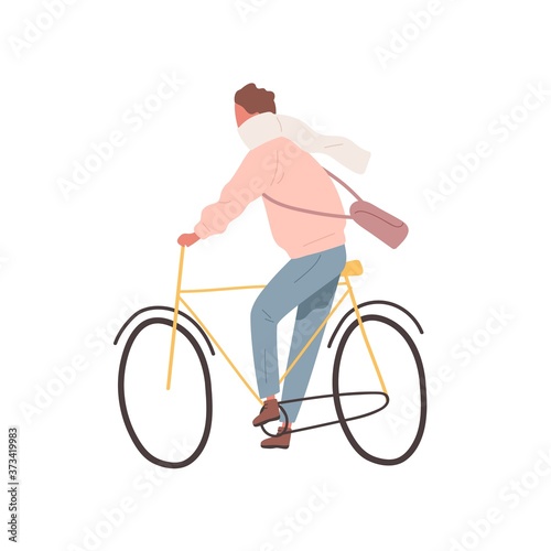 Modern millennial cycler man wearing scarf ride urban bike. Active male chara...