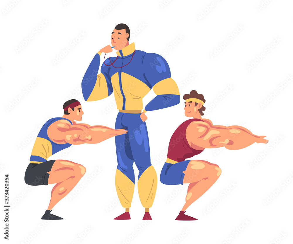 Sportive Muscular Men Doing Squats, Male Coach Trainer Character Whistling Them, Physical Workout in Gym Cartoon Style Vector Illustration