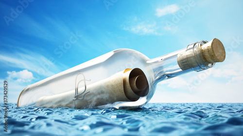 Billede på lærred Message in a bottle at the sea. 3D illustration