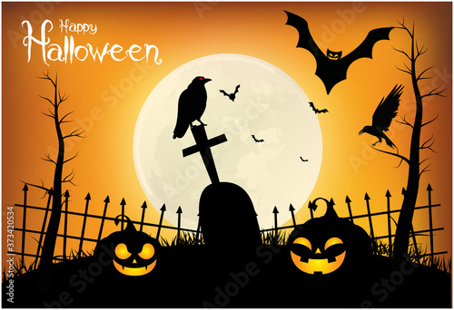 Halloween Poster, night background with creepy castle and pumpkins, illustration. Greeting card halloween celebration, halloween party poster.