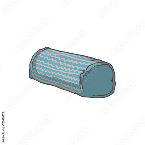 Blue hand drawn bolster cushion with striped pattern isolated on white background
