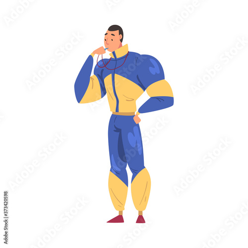 Sportive Muscular Man with Whistle, Male Coach Trainer Character in Sports Uniform, Physical Workout, Healthy Lifestyle Concept Cartoon Style Vector Illustration