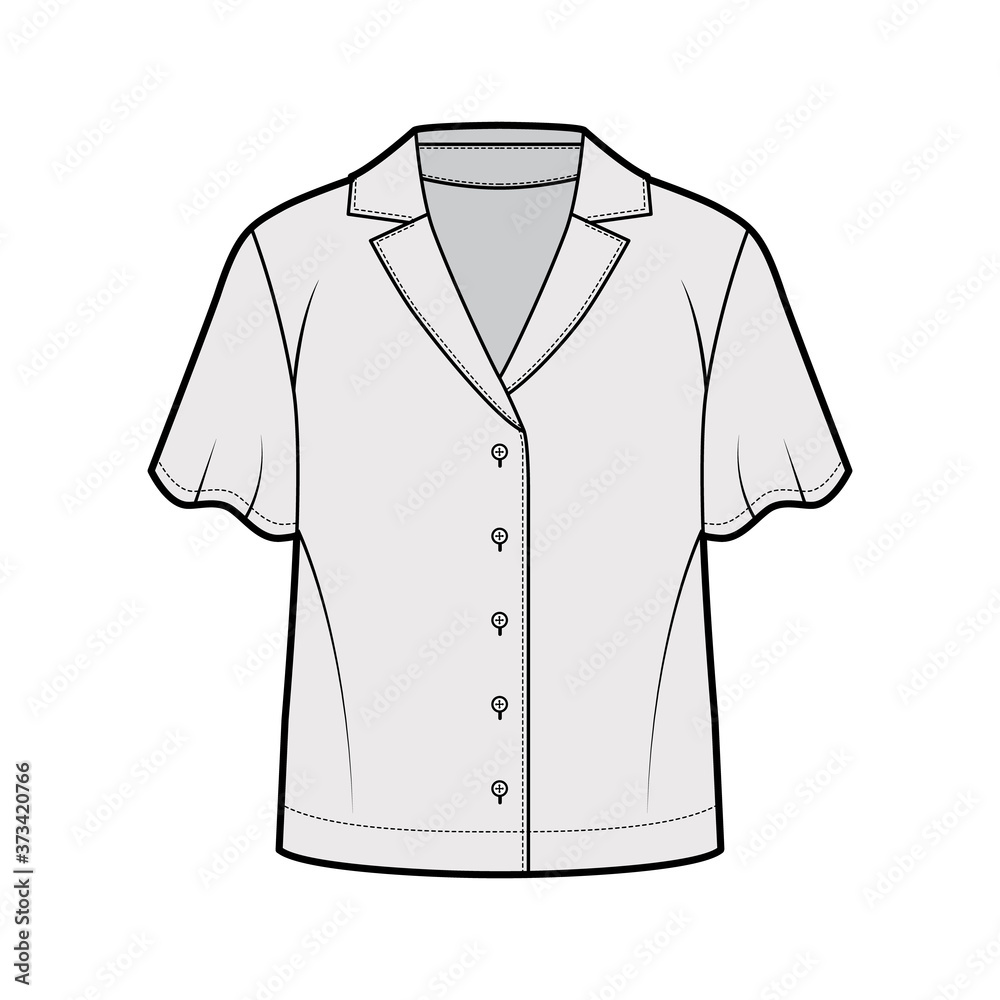 Shirt technical fashion illustration with relaxed fit retro camp collar, front button fastenings, short circle sleeves, oversized. Flat apparel blouse template front grey color. Women men unisex top