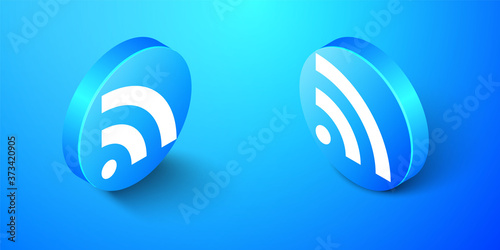 Isometric RSS icon isolated on blue background. Radio signal. RSS feed symbol. Blue circle button. Vector.