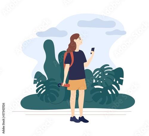 Girl holding umbrella looking weather forecast use smartphone vector flat illustration. Woman walking in natural park at overcast day isolated on white. Female surrounded by landscape with cloudy sky