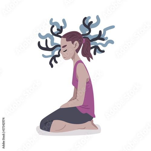 Girl in Depressive State of Mind, Mental Health Problems, Psychological Disorder Concept Cartoon Style Vector Illustration