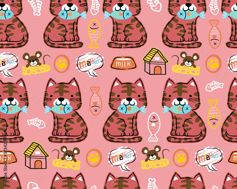 Fototapeta premium vector seamless pattern of cat cartoon with mouse