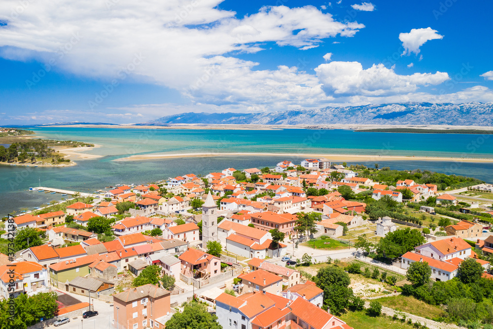 Aerial view of town of Nin with seascape and Velebit mountain in background, Dalmatia, Croatia