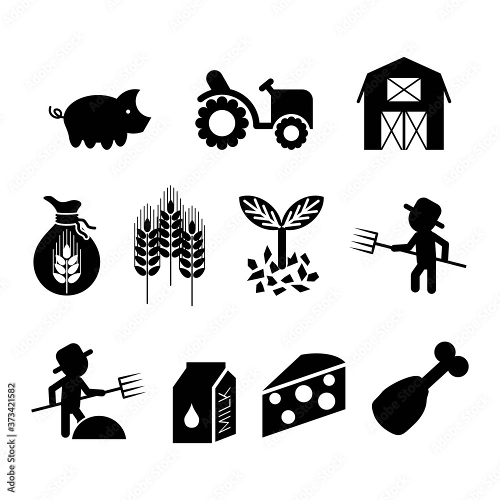 Set of simple black and white vector farming icons. Isolated ...