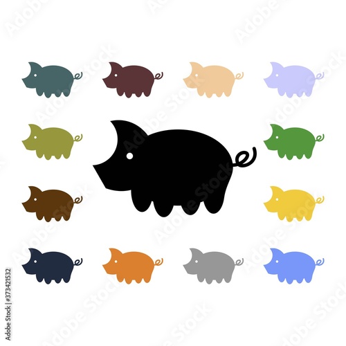 Set of simple flat vector pig icons. Abstract pattern of  silhouettes of the sow with colorful little piglets