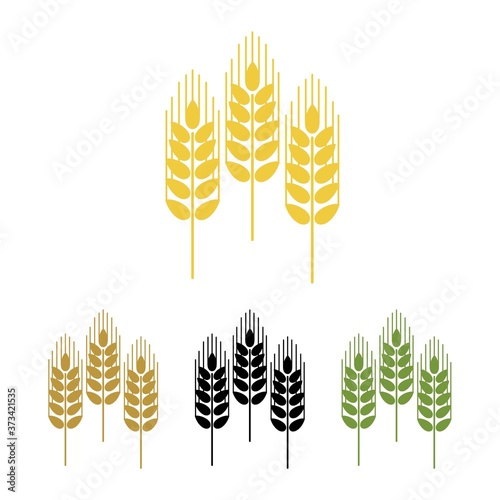 Simple flat geometric three spikelets clipart. Black, yellow, gold and green vector icons or logo with ripe stalk of wheat, barley or rye