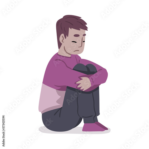Depressed Guy Sitting on Floor Hugging His Knees, Mental Health Problems, Psychological Disorder Concept Cartoon Style Vector Illustration