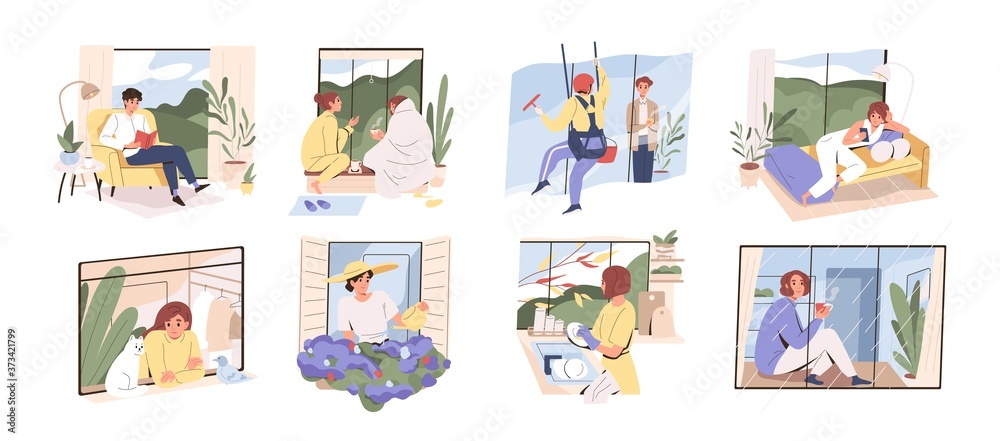 Scenes with people spend time at home near panoramic window. Set of woman and man dreaming, watering flowers, relax in hygge interior rooms. Collection of flat vector illustration isolated on white