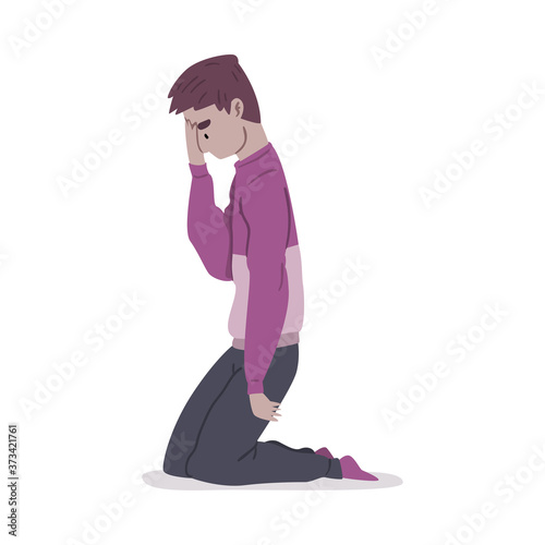 Depressed Desperate Guy Standing His Knees, Mental Health Problems, Psychological Disorder Concept Cartoon Style Vector Illustration
