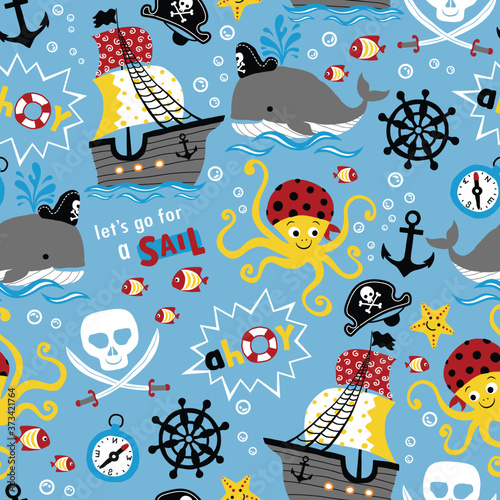 vector seamless pattern of pirates theme cartoon. Whale, sailboat, octopus, sailing equipment, marine life.