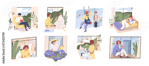 Scenes with people spend time at home near panoramic window. Set of woman and man dreaming, watering flowers, relax in hygge interior rooms. Collection of flat vector illustration isolated on white