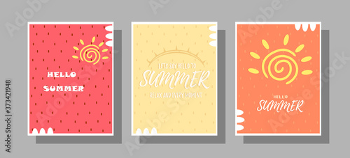 Set of summer greeting cards with the sun on a strawberry background with space for text. Vector illustration for a website, posters, ads, banners, advertising materials, coupons.