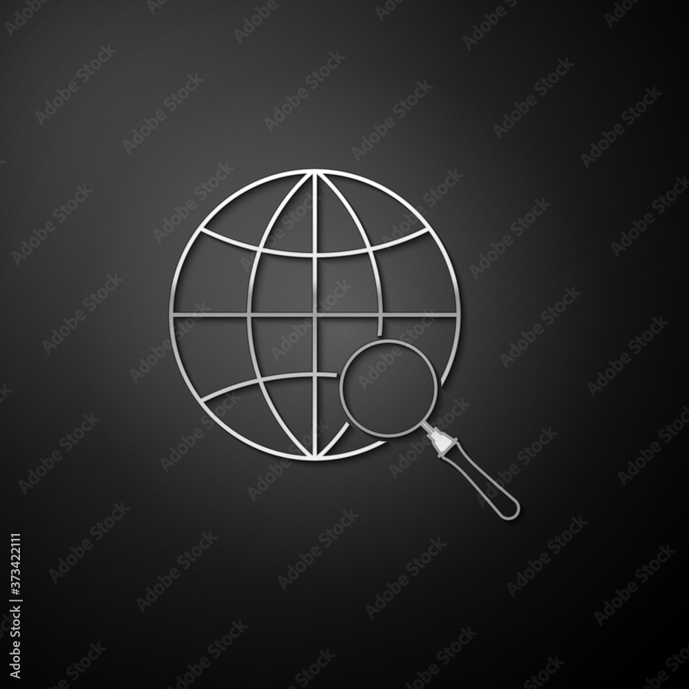 Silver Magnifying glass with globe icon isolated on black background. Analyzing the world. Global search sign. Long shadow style. Vector.