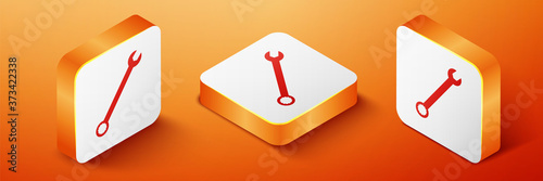 Isometric Spanner icon isolated on orange background. Orange square button. Vector.