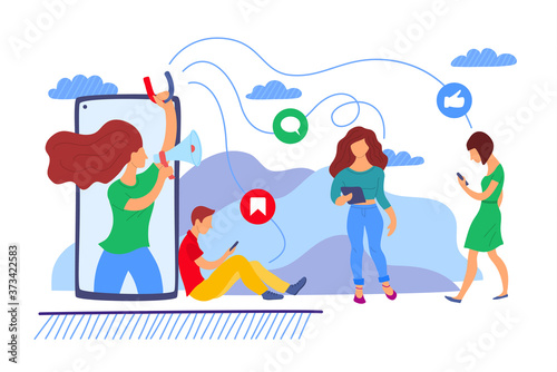 Cartoon Color Characters People and Influencer Advertising Marketing Concept. Vector