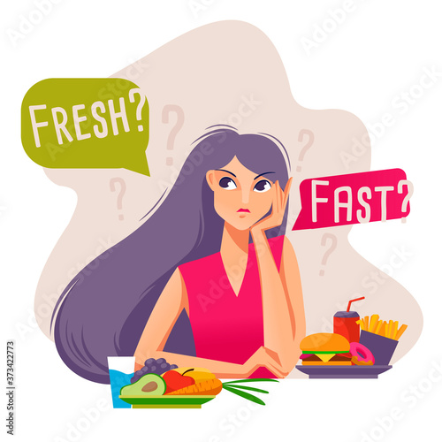 Cartoon Color Character Girl Choosing between Healthy and Unhealthy Food Concept. Vector