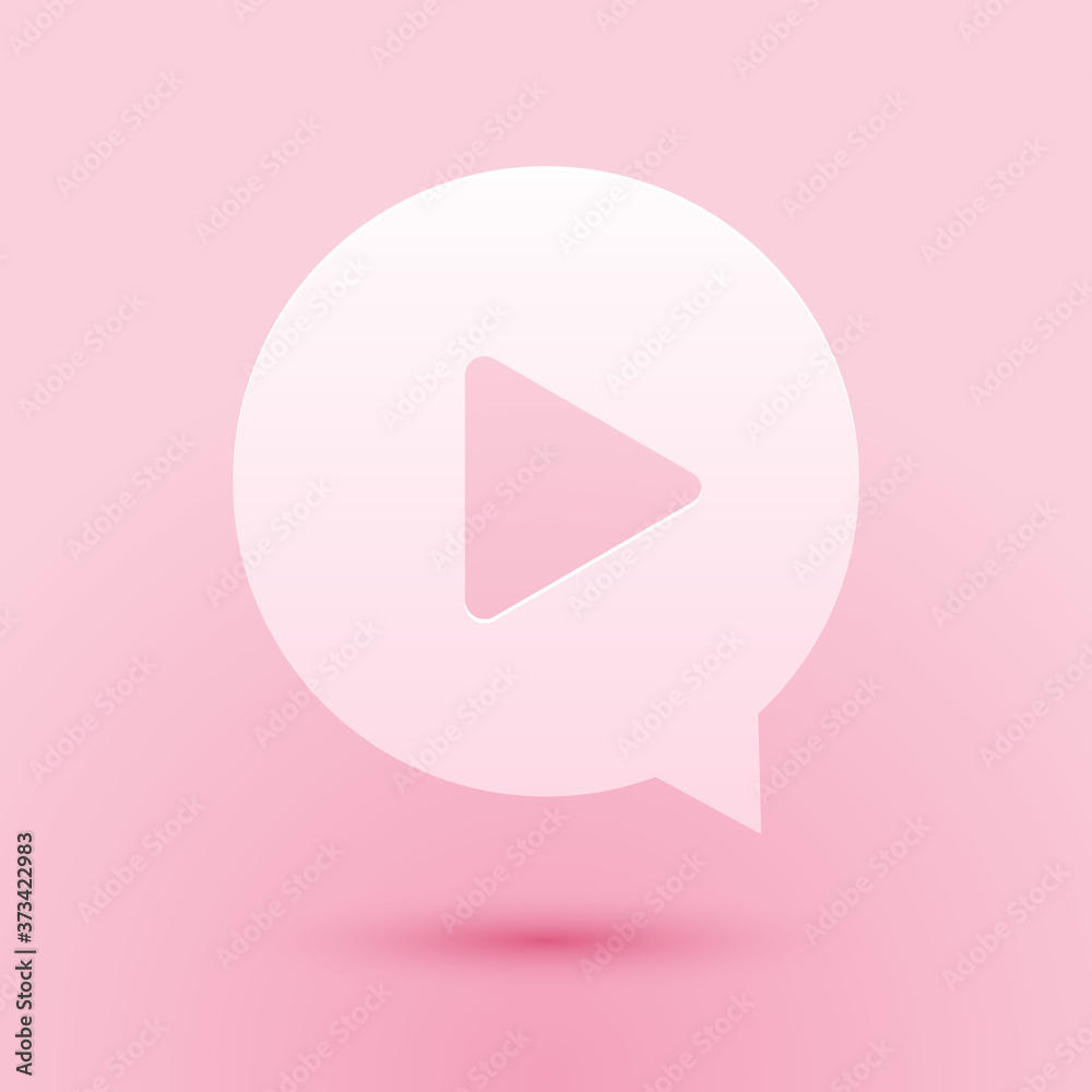 Paper cut Play in circle icon isolated on pink background. Paper art style. Vector. Paper cut Play in circle icon isolated on pink background. Paper art style. Vector.
