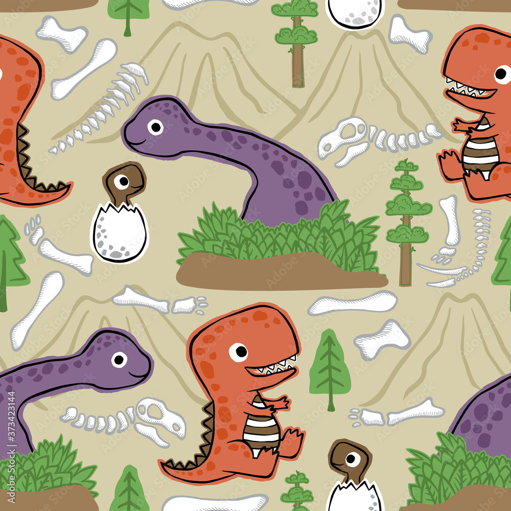 seamless pattern vector of cute dinosaurs cartoon