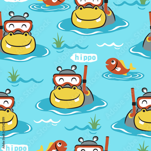 seamless pattern vector of hippo cartoon wearing diving mask with a little fish