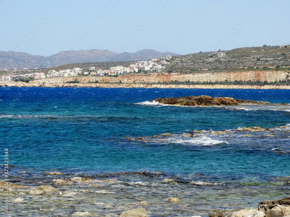 Panorama view of Chania coastline on Crete Island, Greece. Cityscape and landscape of natural seascape in Chania city.