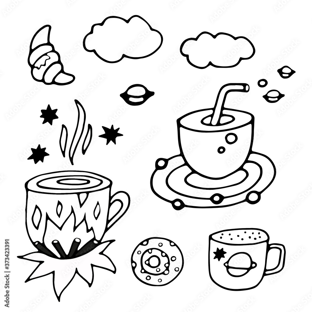 Tea Cup and coffee Cup in space style. Cupcakes and croissants in space