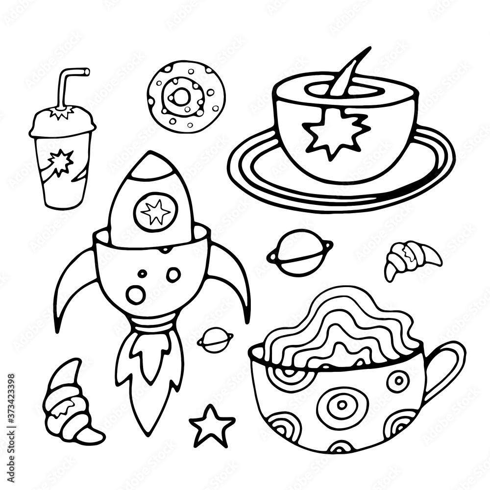 Tea Cup and coffee Cup in space style. Cupcakes and croissants in space