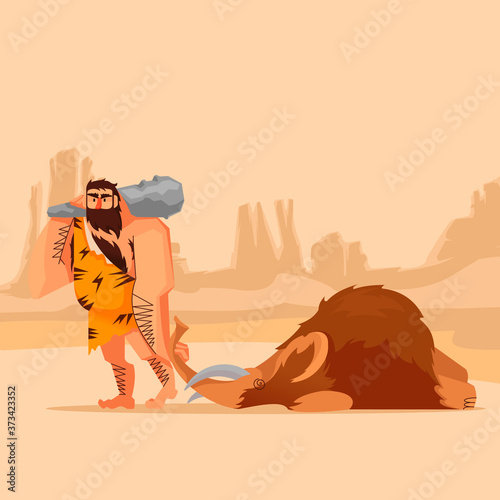 Cartoon Color Character Person Primitive Caveman Concept. Vector