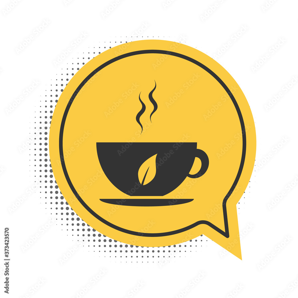 Black Cup of tea and leaf icon isolated on white background. Yellow speech bubble symbol. Vector. Black Cup of tea and leaf icon isolated on white background. Yellow speech bubble symbol. Vector.