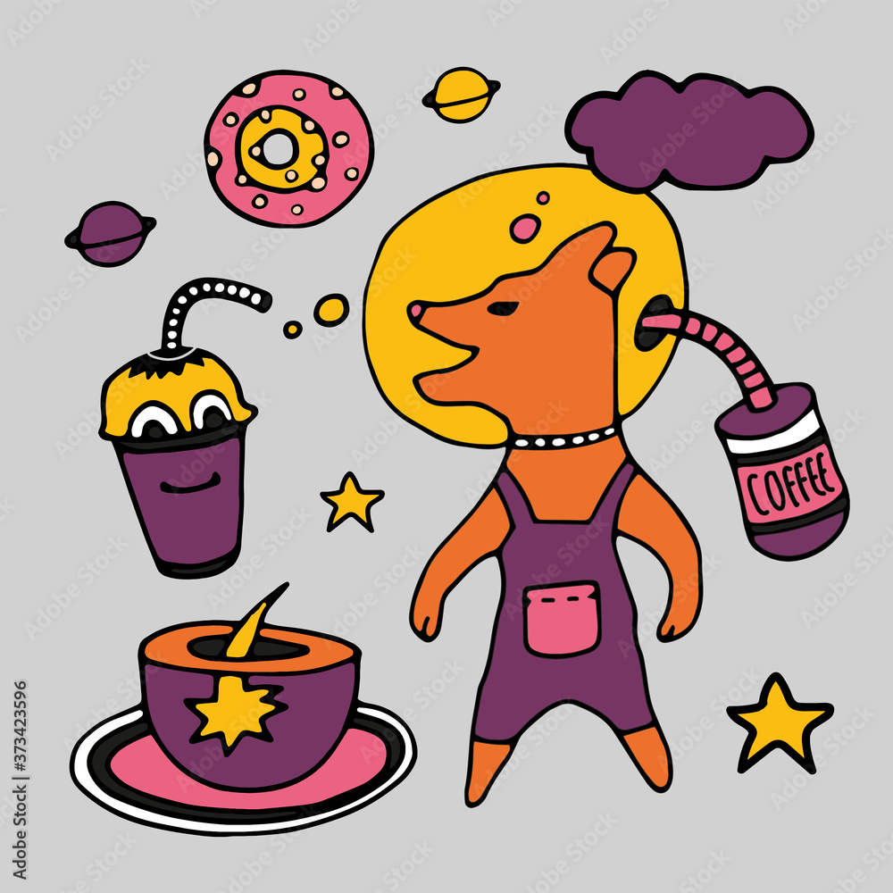 Tea Cup and coffee Cup in space style. Cupcakes and croissants in space