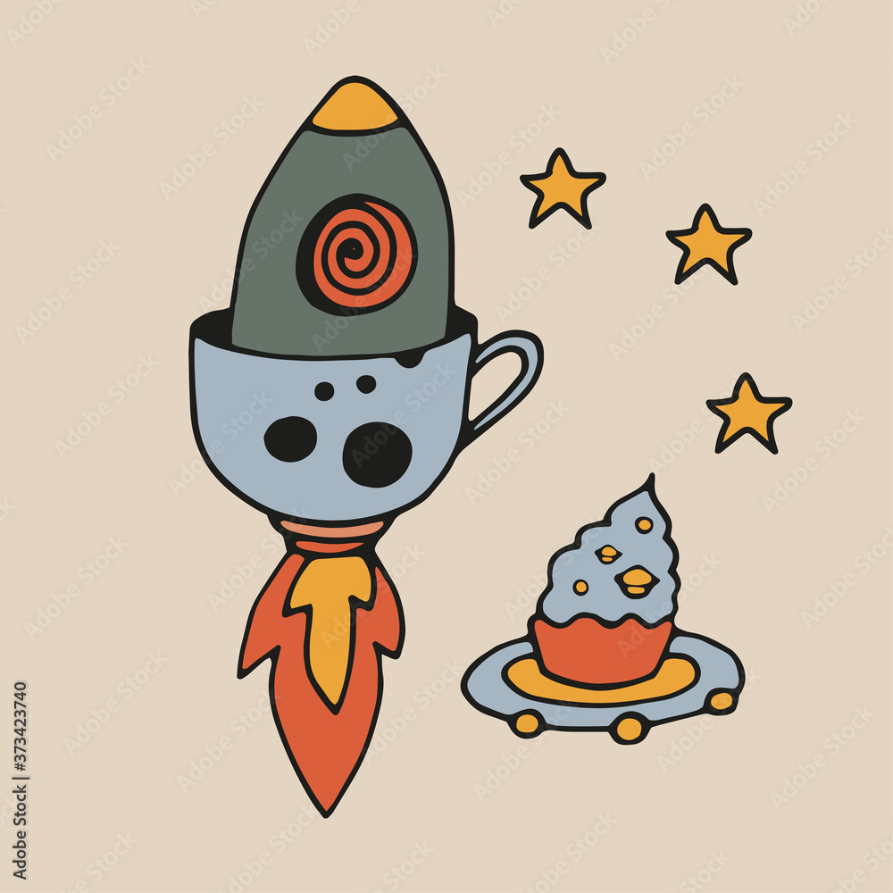 Tea Cup and coffee Cup in space style. Cupcakes and croissants in space