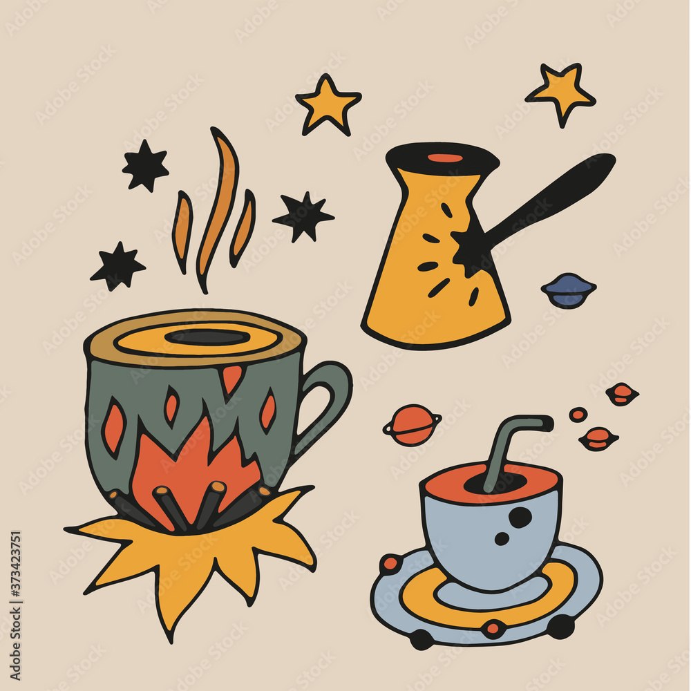 Tea Cup and coffee Cup in space style. Cupcakes and croissants in space