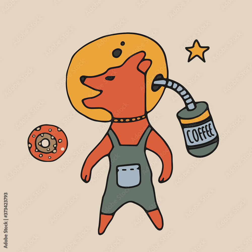 Tea Cup and coffee Cup in space style. Cupcakes and croissants in space