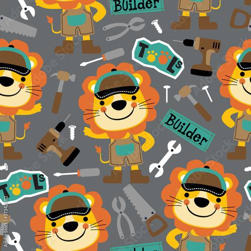 seamless pattern vector of lion mechanic cartoon with its tools