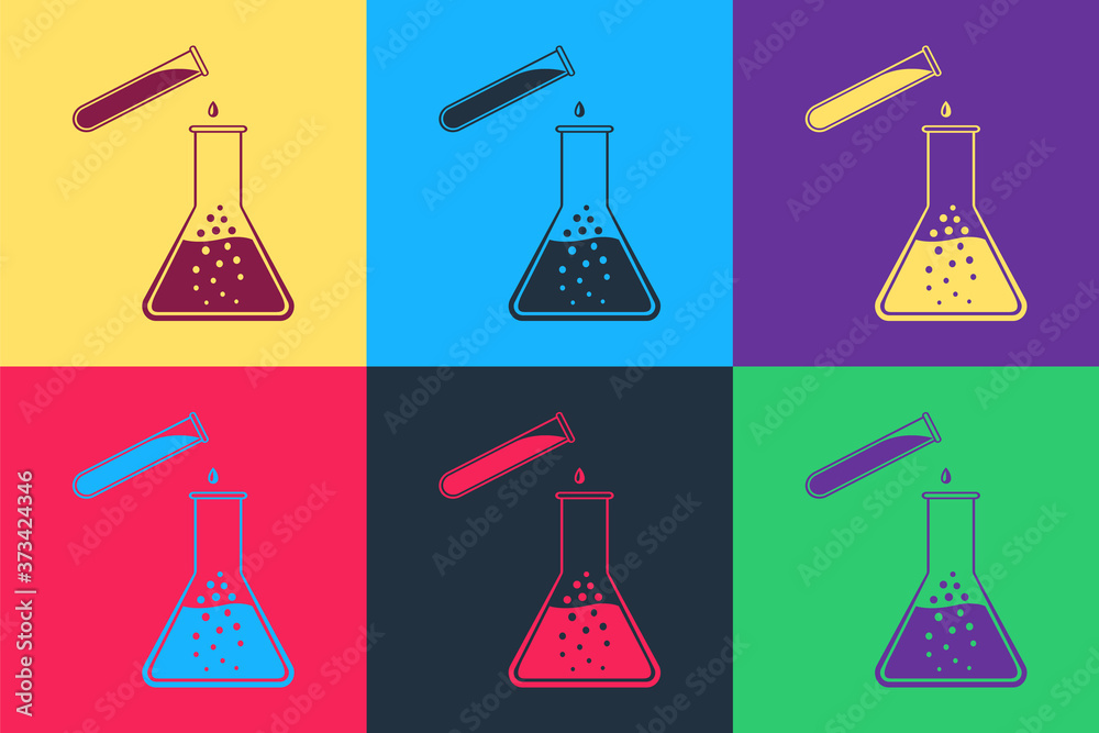 Pop art Test tube and flask - chemical laboratory test icon isolated on color background. Laboratory glassware sign. Vector. Pop art Test tube and flask - chemical laboratory test icon isolated on color background. Laboratory glassware sign. Vector.