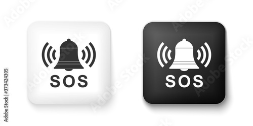 Black and white Alarm bell and SOS lettering icon isolated on white background. Warning bell, help sign. Emergency SOS button. Square button. Vector.