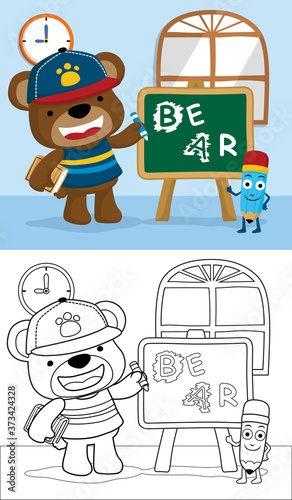 coloring book or page with funny bear cartoon in class room © Bhonard21