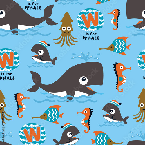 Seamless pattern vector of marine animals cartoon