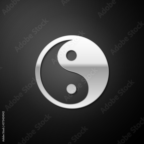 Silver Yin Yang symbol of harmony and balance icon isolated on black background. Long shadow style. Vector.