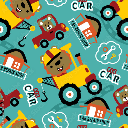 Seamless pattern vector of vehicle cartoon with funny animals