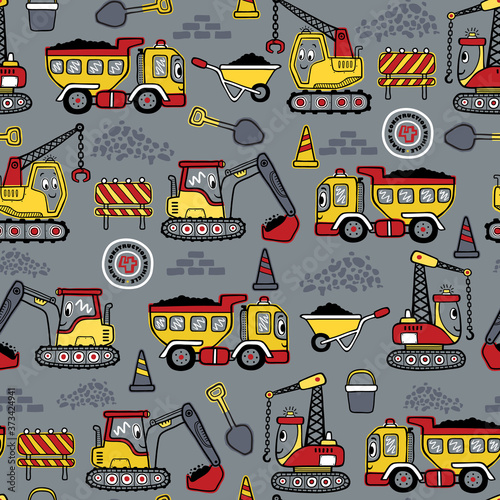 Seamless pattern vector of funny construction vehicles cartoon